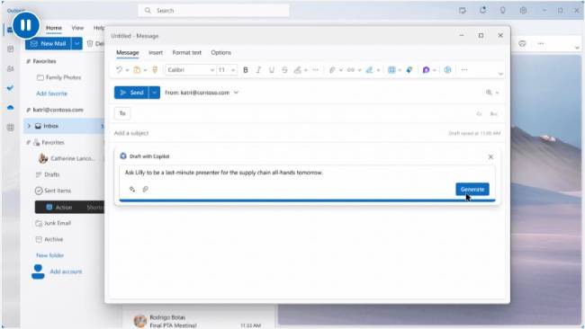 Zu sehen ist ein Screenshot von Outlook mit dem Microsoft Copilot. Bild: Screenshot Microsoft